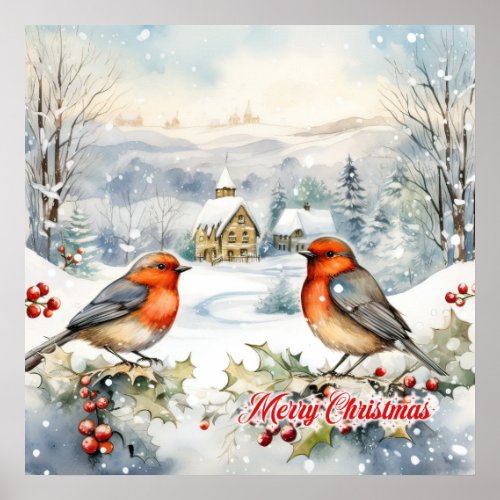 Pastoral watercolor Chrismtas scene two robins Poster