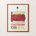 Pastrami on Rye NYC Kosher Jewish Deli Sandwich  Jigsaw Puzzle<br><div class="desc">Design features an original food-themed marker illustration of a pastrami on rye sandwich, with PASTRAMI ON RYE in a fun font. A New York City classic, this sandwich is especially popular in kosher Jewish delicatessens and features sliced pastrami meat, rye bread, and spicy mustard, and is usually accompanied by a...</div>