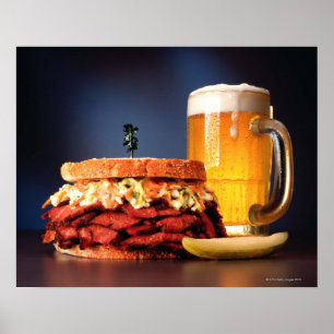 Pastrami sandwich with mug of beer poster