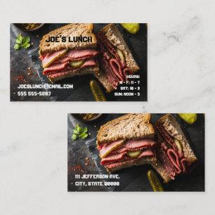 Pastrami sandwich with pickles business card