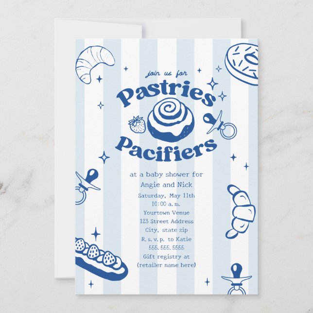 Pastries & Pacifiers Doodle Blue Boy Baby Shower Invitation (Front)