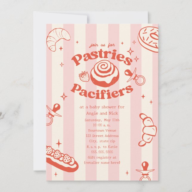 Pastries & Pacifiers Doodle Pink Girl Baby Shower Invitation (Front)
