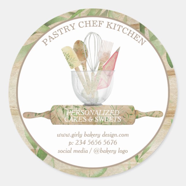 Pastry bakery home made tools rustic wooden classic round sticker (Front)