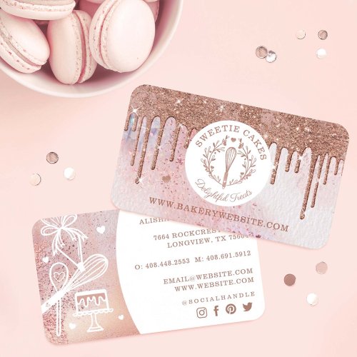 Pastry Bakery Whisk Glitter Rose Gold Pink Drips Business Card