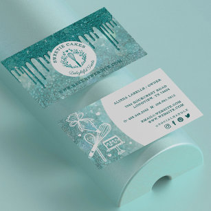 Pastry Bakery Whisk Glitter Teal Gold Sparkle Drip Business Card