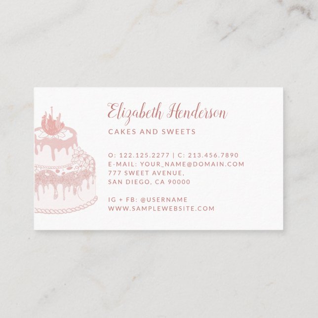 Pastry Bakery White Rose Gold Glitter Drips Cake Business Card (Back)