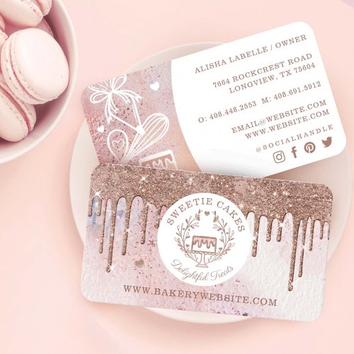 Pastry Cake Bakery Glitter Rose Gold Pink Drips Business Card