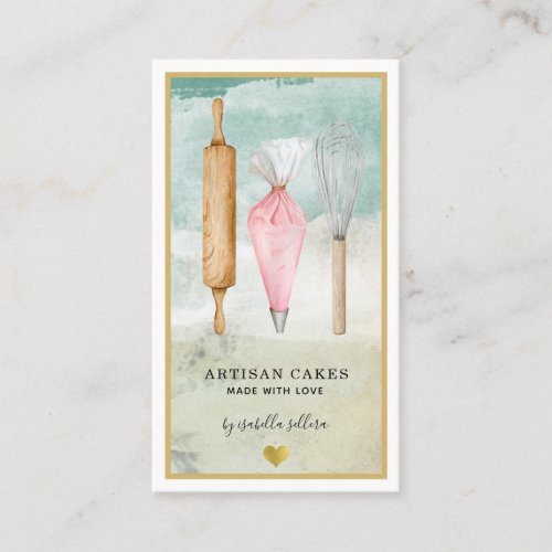 Pastry Chef Baker Pink Gold Watercolor Utensils Business Card