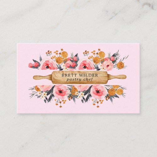 Pastry Chef Baker Rolling Pin Floral Pink Business Card