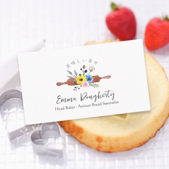 Pastry Chef Baking Utensil Rolling Pin Cute Floral Business Card (Creator Uploaded)