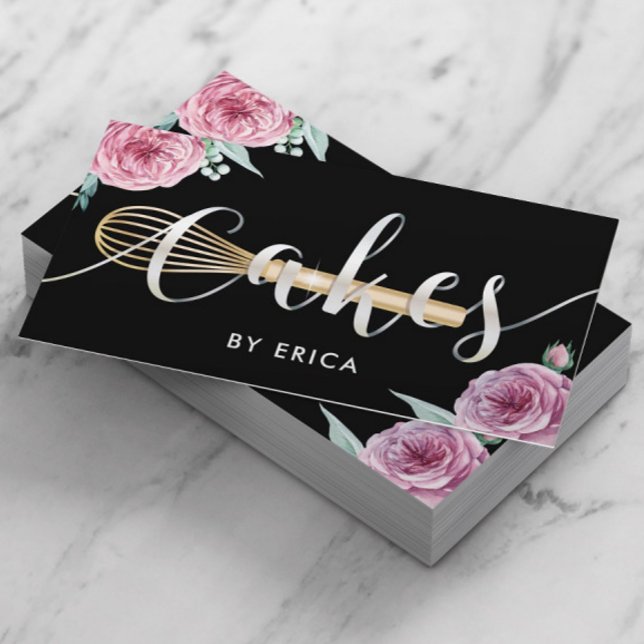 Pastry Chef Cake Bakery Modern Floral Typography Business Card (Creator Uploaded)