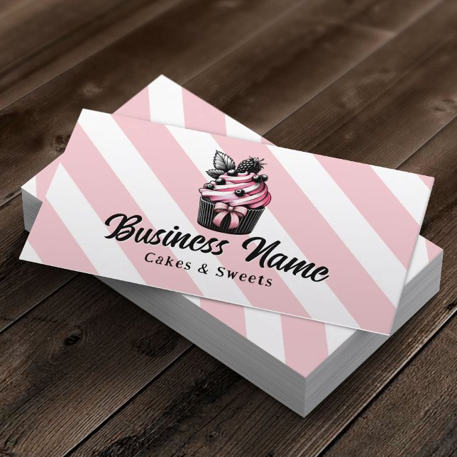 Pastry Chef Cute Cupcakes Pink Stripes Bakery Business Card (Creator Uploaded)