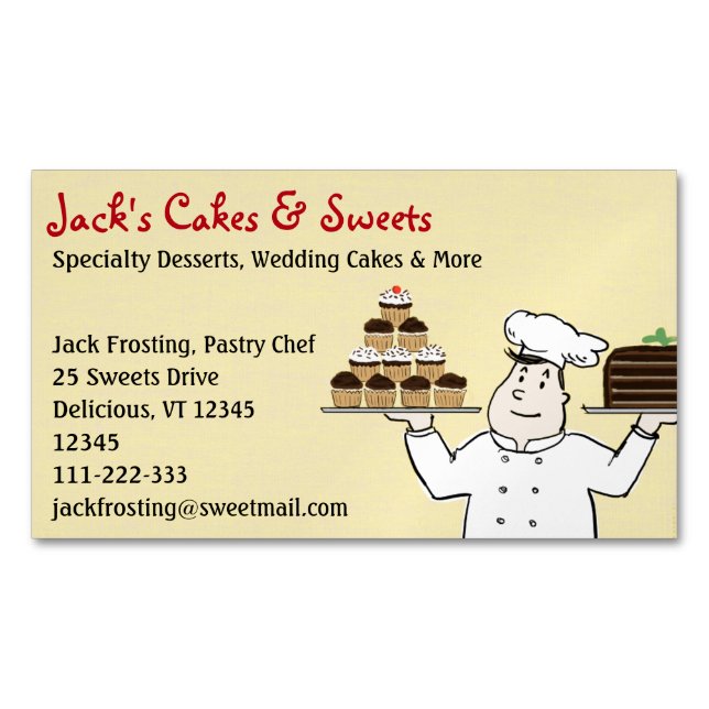 Pastry Chef Holding Cake and Cupcakes Business Card Magnet (Front)
