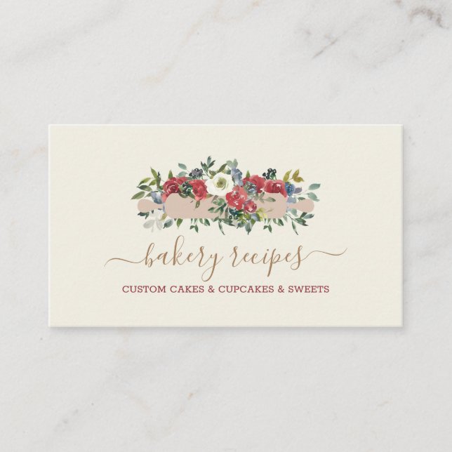 Pastry Chef Homemade Bakery Beige Red Flowers Business Card (Front)