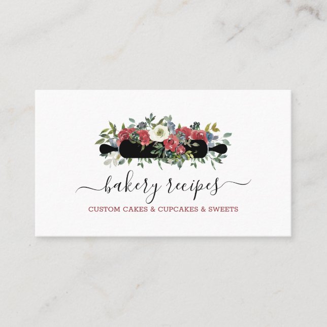 Pastry Chef Homemade Bakery Black Red Flowers Business Card (Front)