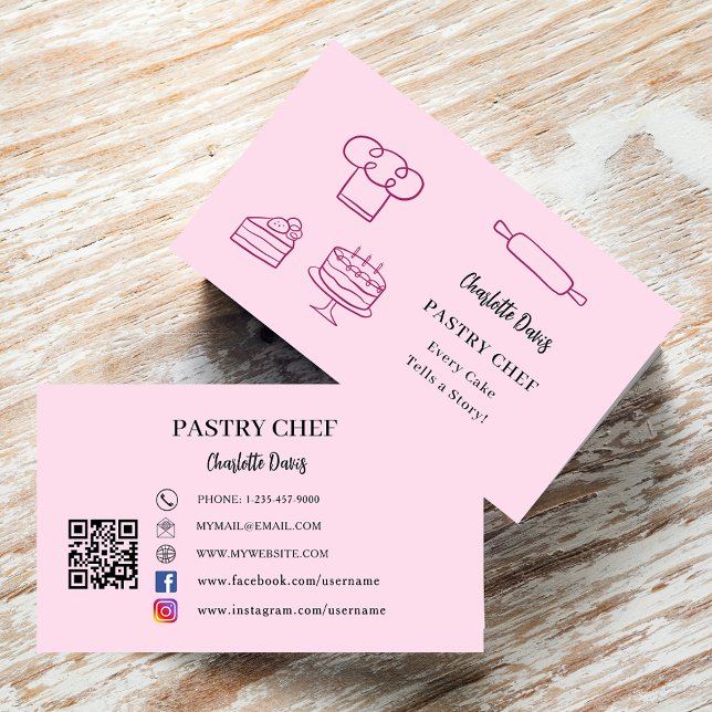 Pastry chef kitchen utensils slogan QR code pink  Business Card (Creator Uploaded)