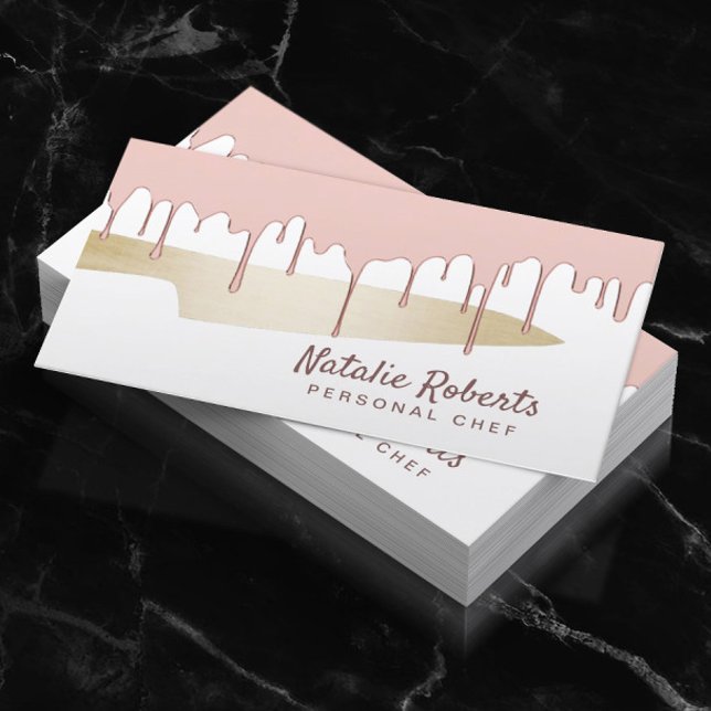 Pastry Chef Knife Catering Rose Gold Dripping Business Card (Creator Uploaded)