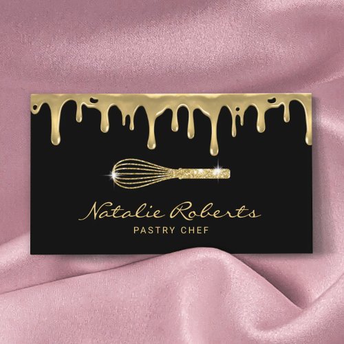 Pastry Chef Modern Gold Drips Whisk Logo Bakery Business Card