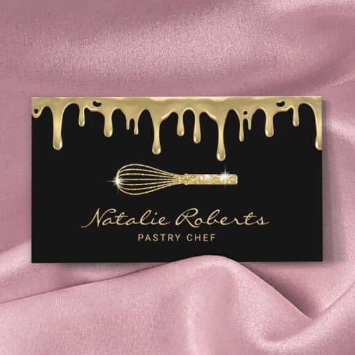 Customizable Pastry Chef Modern Gold Drips Whisk Logo Bakery Business Card
