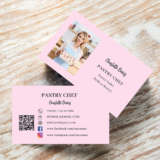 Pastry chef pink photo slogan love QR code Business Card (Creator Uploaded)