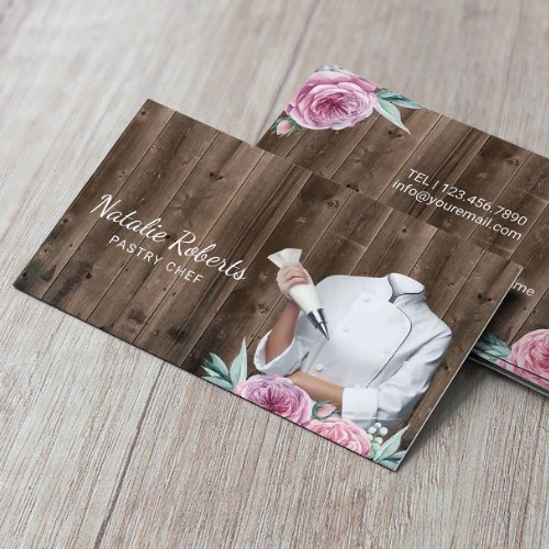Pastry Chef Vintage Floral Cake Bakery Rustic Wood Business Card