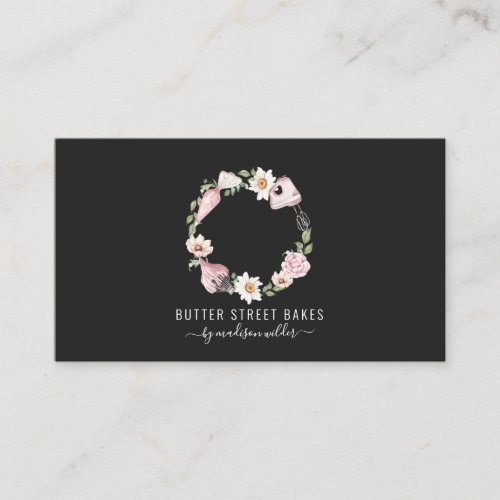 Pastry Chef Watercolor Baking Tools Pink Black Business Card