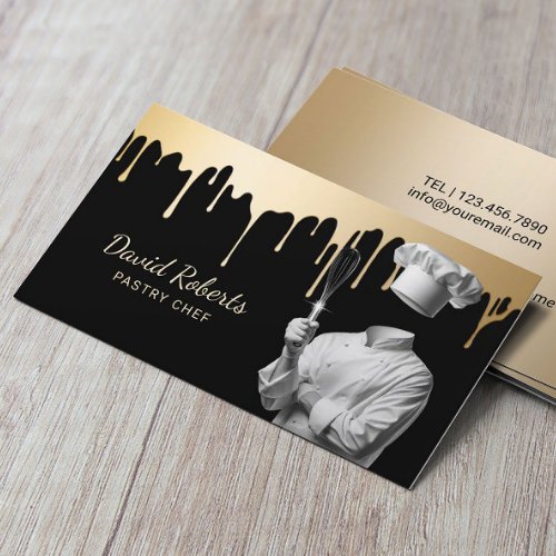 Pastry Chef  Whisk Modern Gold Drips Cake Bakery Business Card
