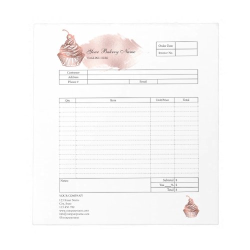 Pastry Cupcake Bakery Order Form Invoice  Notepad