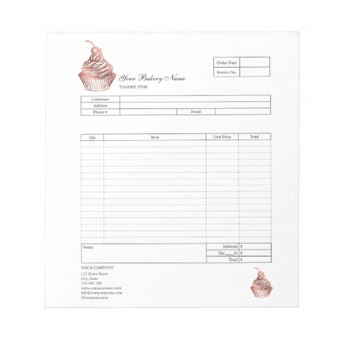 Pastry Cupcake Bakery Order Form Invoice  Notepad