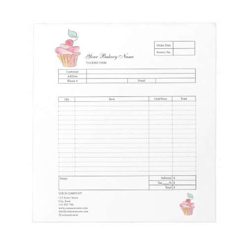 Pastry Cupcake Bakery Order Form Invoice  Notepad