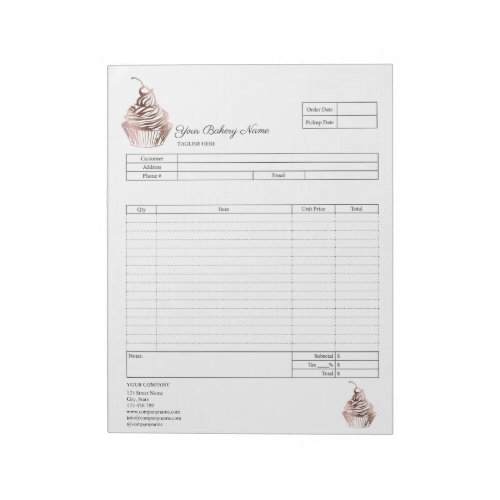 Pastry Cupcake Bakery Order Form Invoice  Notepad