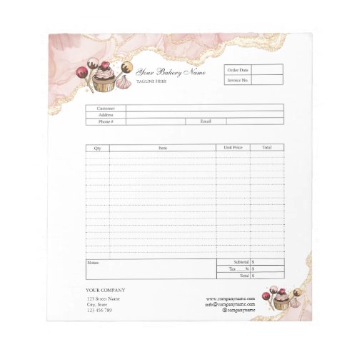 Pastry Cupcake Bakery Order Form Invoice  Notepad