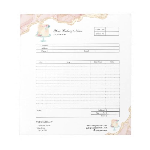 Pastry Cupcake Bakery Order Form Invoice  Notepad