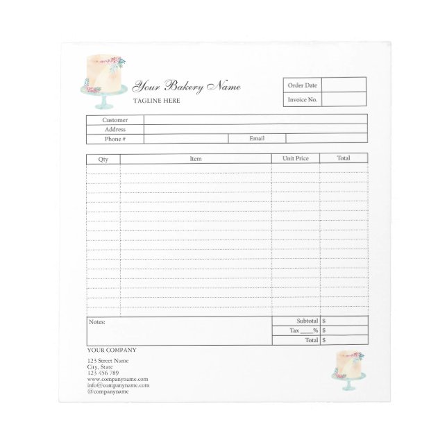 Pastry Cupcake Bakery Order Form Invoice  Notepad (Front)