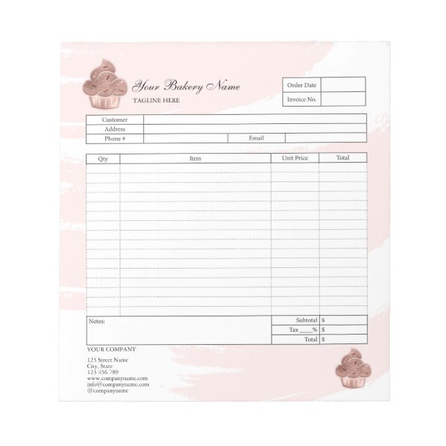 Pastry Cupcake Bakery Order Form Invoice  Notepad (Front)