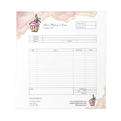 Pastry Cupcake Bakery Order Form Invoice  Notepad