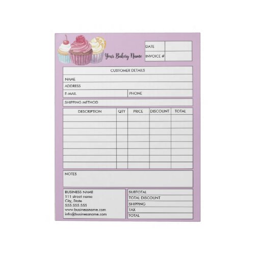 Pastry Cupcake Bakery Sales Form Receipt Invoice N Notepad