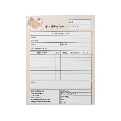 Pastry Cupcake Bakery Sales Form Receipt Invoice Notepad