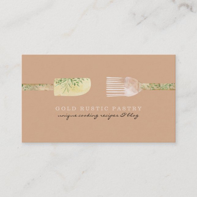 Pastry eucalyptus leaf spoon spatula rustic brown business card (Front)