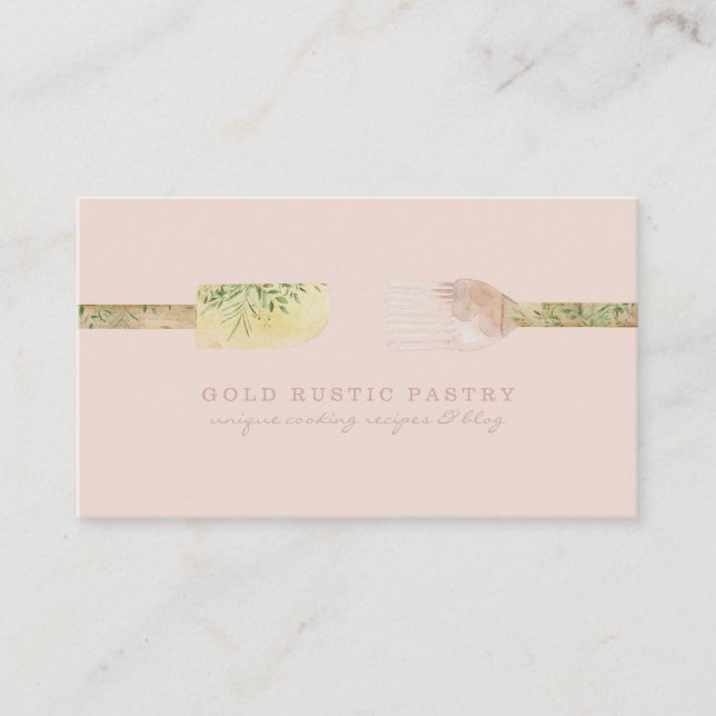 Pastry eucalyptus spoon spatula rustic blush pink business card (Front)