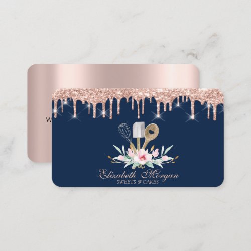 Pastry Hand Tools Rose Gold Drips Bakery Blue  Business Card