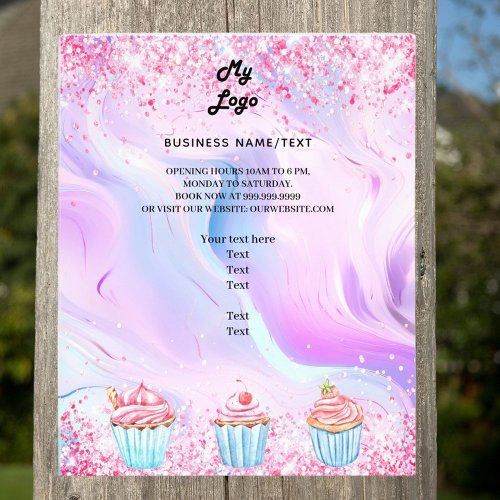 Pastry shop bakery holographic pink cupcakes logo flyer
