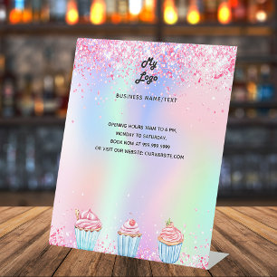 Pastry shop bakery logo holographic menu price pedestal sign