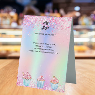 Pastry shop bakery logo holographic menu price  table tent