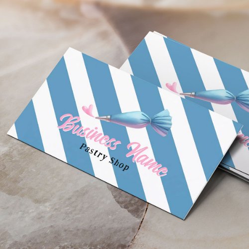 Pastry Shop Piping Bag  Heart Blue Stripes Bakery Business Card