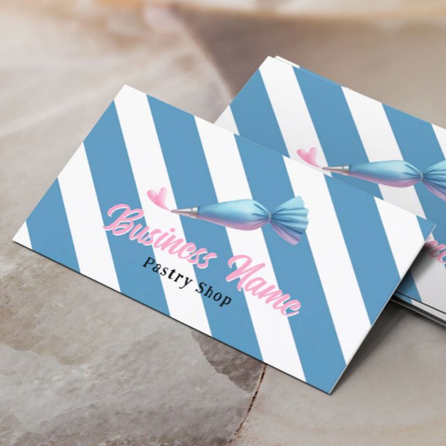 Pastry Shop Piping Bag & Heart Blue Stripes Bakery Business Card (Creator Uploaded)