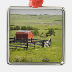 Pasture Fields With A Red Shack And A Fenced Area Metal Ornament