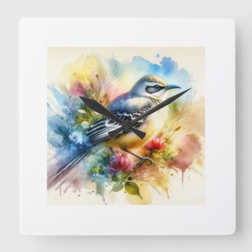 Patagonian Mockingbird AREF754 _ Watercolor Square Wall Clock