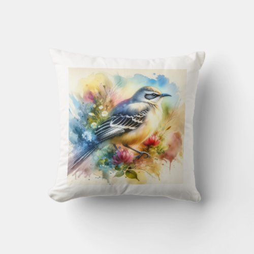 Patagonian Mockingbird AREF754 _ Watercolor Throw Pillow