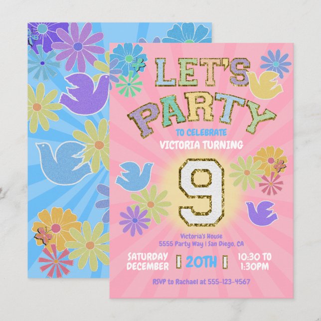 Patch Letter Birthday Party Retro Preppy Hippie Invitation (Front/Back)